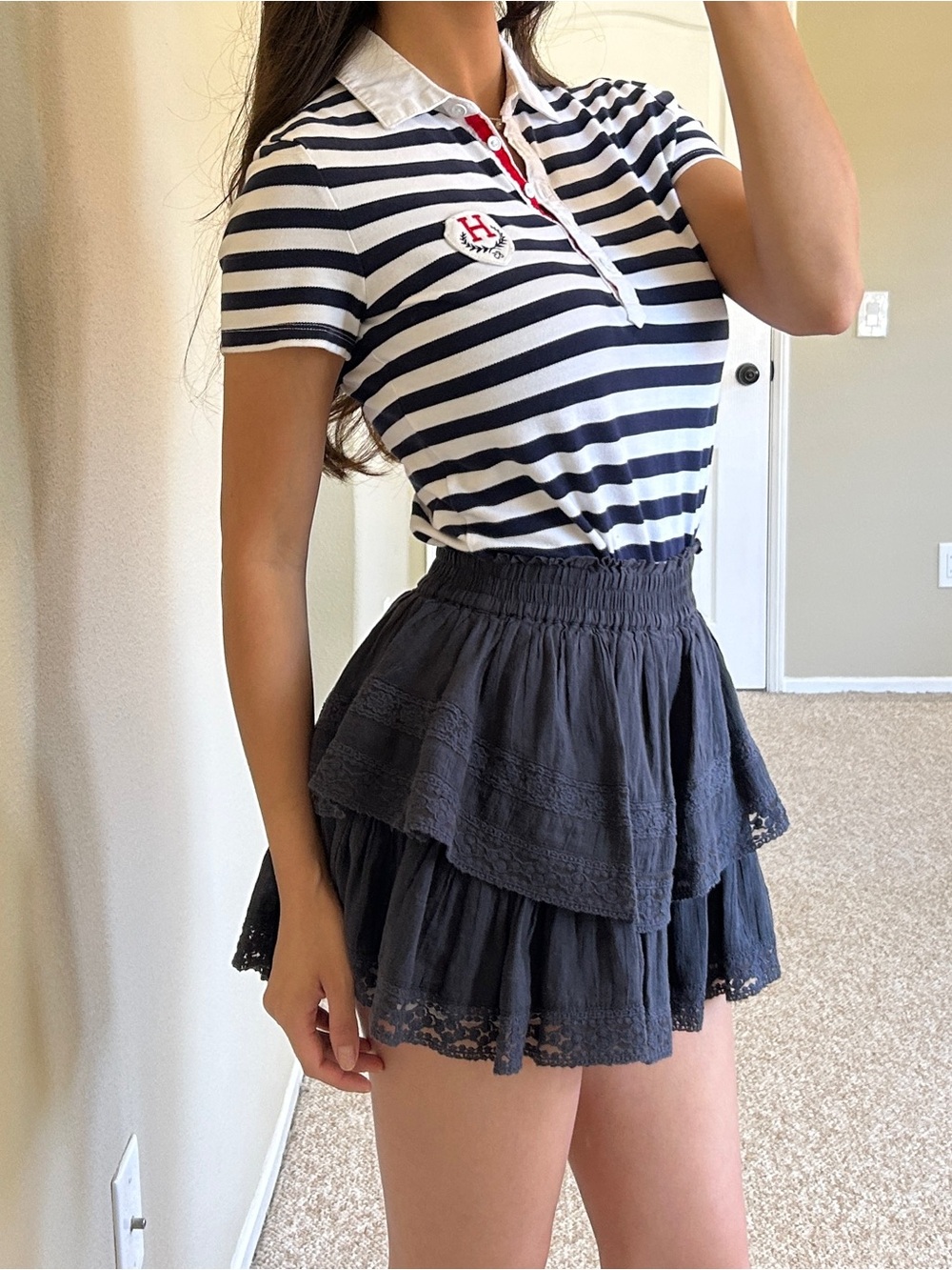 Tommy Hilfiger Striped Polo Top with Crest Navy & White